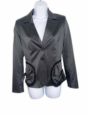Ungaro Fever Black Satin Peplum Blazer Jacket with Velvet Trim size 40 (4-6)